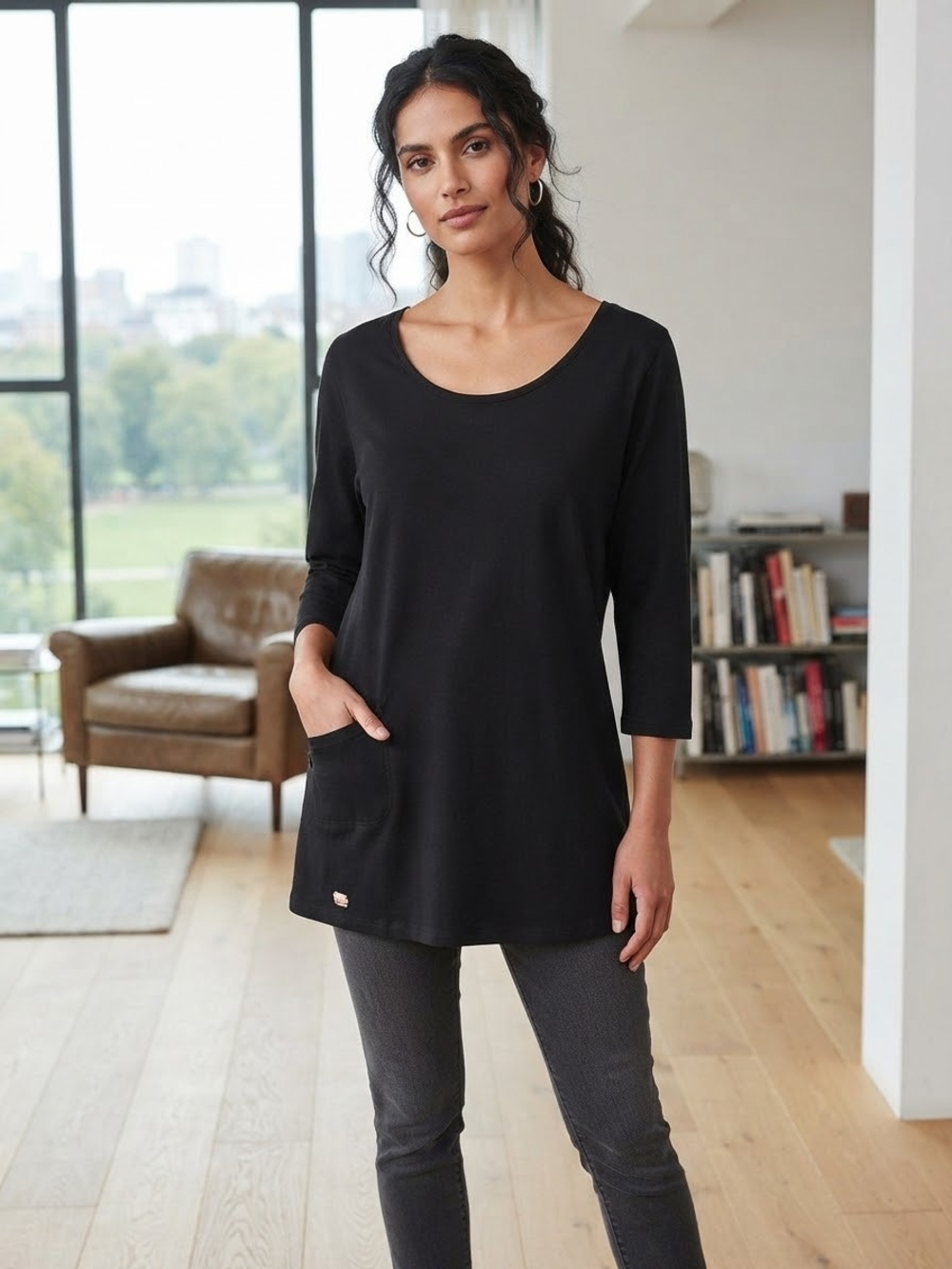 Roots Black Scoop-Neck Tunic with Front Pocket